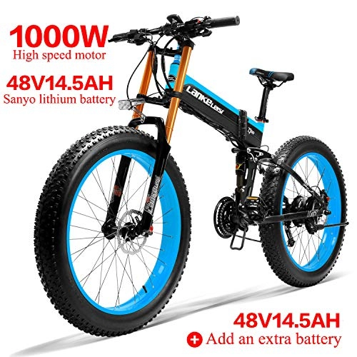 Bicicletas eléctrica : LANKELEISI 750PLUS 48V14.5AH 1000W Motor Bicicleta eléctrica con Todas Las Funciones 26''4.0 Bicicleta de montaña de Nieve de 27 velocidades Plegable Bicicleta Adulta(Azul +1 batería Extra)