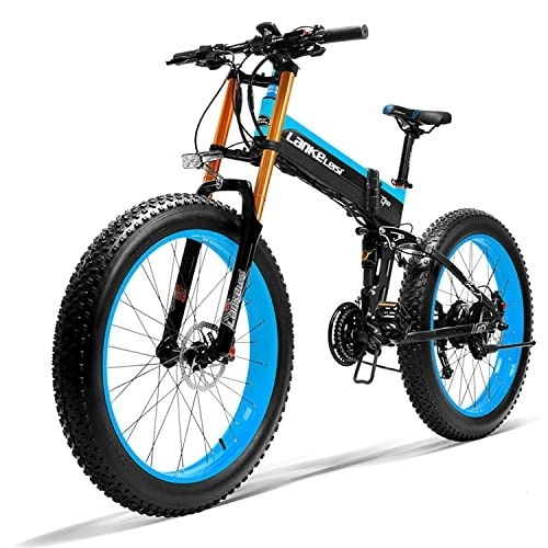 Bicicletas eléctrica : LANKELEISI Bici Electrica Montaña para Adulto, 26" x 4.0 Rueda Ancha MTB Bicicleta Eléctrica con Motor, Batería Extraíble 48V 15Ah, LCD Display, Sistema de 7 Velocidades, Negra y Azul T750plus