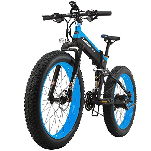 Bicicletas eléctrica : Lankeleisi Bicicleta elctrica de montaña plegable Ruedas de 26 x 4, 0 de ancho Motor de 1000 W, 48 V, 10 Ah 27velocidades Ideal para nieve, negro-azul