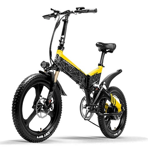 Bicicletas eléctrica : LANKELEISI Bicicleta elctrica G650 Bicicleta de montaña de 20 Pulgadas 400W 48V Batera de Litio 7 velocidades Bicicleta Plegable 5 Pas Doble suspensin (Yellow, 14.5Ah)