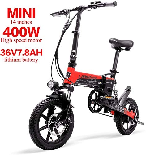 Bicicletas eléctrica : LANKELEISI G100 - Mini bicicleta eléctrica plegable portátil de 14 pulgadas, motor de alta velocidad 400 W, suspensión delantera y trasera, con pantalla LCD, soporte de pedal de 5 niveles (rojo)