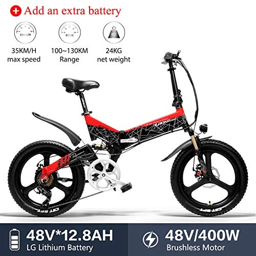Bicicletas eléctrica : LANKELEISI G650 - Bicicleta elctrica (20 x 2, 4 Grande), para Adulto, Plegable, Bicicleta elctrica de Ciudad, 400 W, 48 V, LG, batera de Litio Shimano, 7 velocidades, Rouge+ 1 Extra 12.8ah batterie