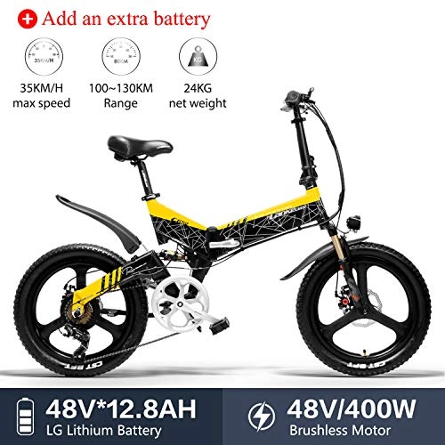 Bicicletas eléctrica : LANKELEISI G650 Bicicleta Elctrica 20 x 2.4 Pulgada Bicicleta de Montaa Bicicleta Elctrica Plegable Ciudad 400w 48v 12.8ah Batera de Litio LG Shimano 7 Velocidades (Amarillo +1 batera Extra)