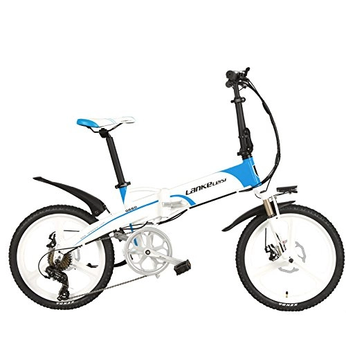 Bicicletas eléctrica : LANKELEISI G660 Elite 20 Pulgadas Bicicleta elctrica Plegable, batera de Litio 48V 10Ah, Marco de aleacin de Aluminio, Rueda integrada, 5 Grados de Asistencia (Blanco Azul, Estndar)