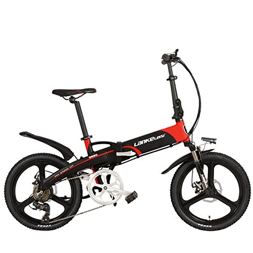 Bicicletas eléctrica : LANKELEISI G660 Elite 20 Pulgadas ebike Plegable, batería de Litio 48V 10Ah, Marco de aleación de Aluminio, Rueda integrada, 5 Grados de Asistencia (Black Red, 10A + 1 batería de Repuesto)