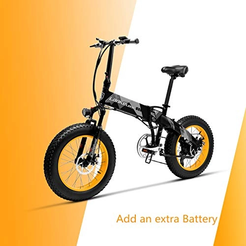 Bicicletas eléctrica : LANKELEISI X2000 20 4.0 Neumtico Grande 48V 1000W 12.8AH Marco de aleacin de Aluminio neumtico Gordo Tire de la Bicicleta elctrica Plegable para montaña / Playa / Nieve (Amarillo + 1 batera Extra)