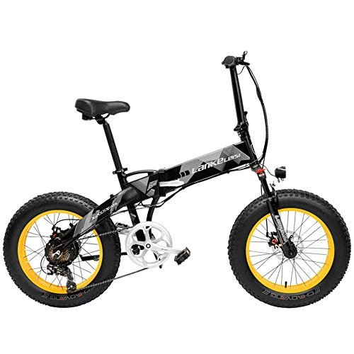 Bicicletas eléctrica : LANKELEISI X2000 20 Pulgadas Bicicleta Grasa Plegable Bicicleta Eléctrica 7 Velocidad Bicicleta de Nieve 48V 10.4Ah / 14.5Ah 1000W Bicicleta de Montaña (Black Yellow, 14.5Ah + 1 Spare Battery)