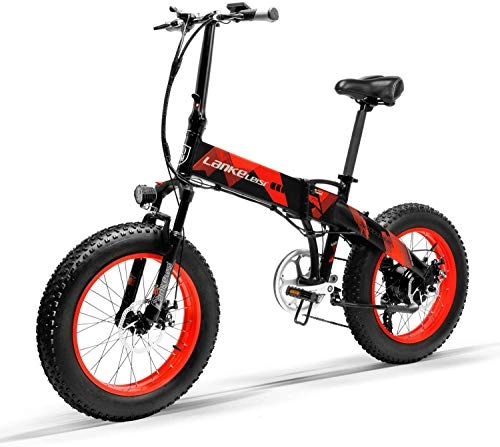 Bicicletas eléctrica : LANKELEISI X2000 20 pulgadas de grasa bicicleta plegable e-bike 7 velocidad nieve bicicleta 48V 12.8ah 1000W motor aluminio aleación marco 5 PAS mountain bike (rojo)