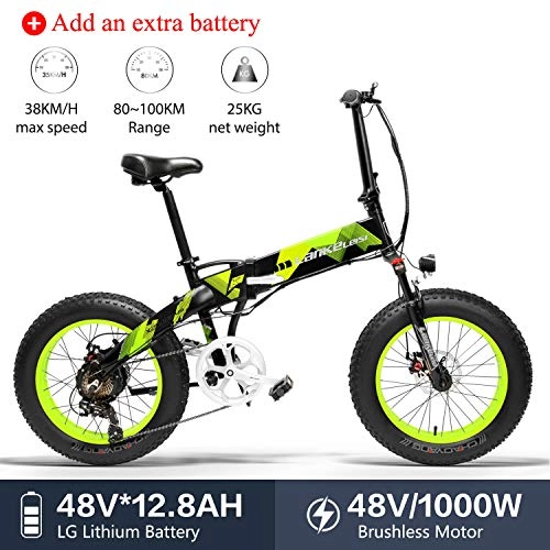 Bicicletas eléctrica : LANKELEISI X2000 20x4.0 Pulgadas Fat Tire 48V1000W 12.8AH Marco de aleacin de Aluminio Neumtico Bicicleta elctrica Plegable para Adulto para montaña / Playa / Nieve (Verde +1 batera Extra)