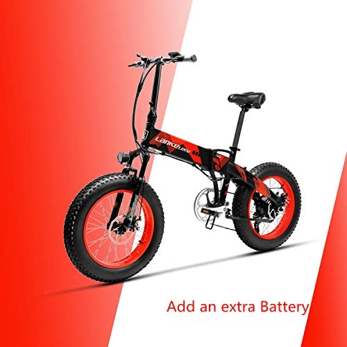 Bicicletas eléctrica : LANKELEISI X2000 48V 500W 10.4AH 20 x 4.0 Pulgadas Neumtico Gordo 7 velocidades Shimano Palanca de Cambio Bicicleta elctrica Plegable, para Mujer / Hombre Adulto (Rojo + 1 batera Extra)