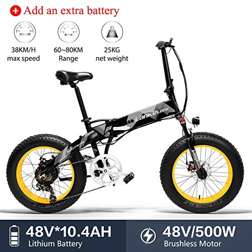 Bicicletas eléctrica : Lankeleisi X2000 - Neumtico grande de 48 V, 500 W, 25, 4 Ah, aleacin de aluminio, bicicleta elctrica plegable para adulto, unisex, para montaña / playa / nieve (amarilla + 1 batera extra)