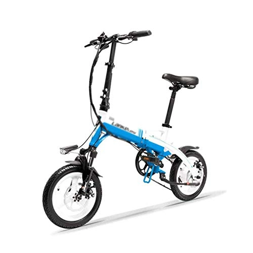 Bicicletas eléctrica : LUO Bicicleta Eléctrica Mini Bicicleta Plegable Portátil E, Bicicleta Eléctrica de 14 Pulgadas, Motor 36V 350W, Llanta de Aleación de Magnesio, Horquilla de Suspensión, Blanco Azul