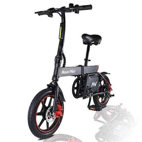 Bicicletas eléctrica : MoovWay Bicicleta Elctrica Plegables, 350W Motor Bicicleta Plegable 25 km / h y 25 km, Bici Electricas Adulto con Ruedas de 14", Batera 36V 6.0Ah, Asiento Ajustable, con Pedales (B20-negro)