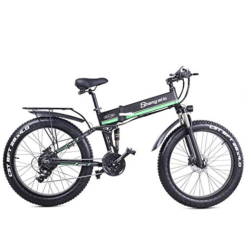 Bicicletas eléctrica : MX01 Bicicleta Plegable 26 Pulgadas 4.0 Neumático Gordo Bicicleta de Playa 48V Bicicleta montaña para Hombre Bicicleta Nieve Freno de Disco Doble (12.8Ah, Negro Verde)