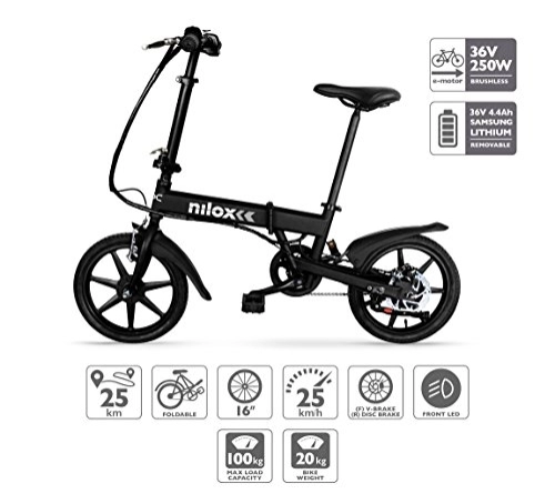 Bicicletas eléctrica : Nilox E Bike 36 V 16 P-X2 Bicicleta Eléctrica, Unisex Adulto, Negro, 58 x 170 x 98