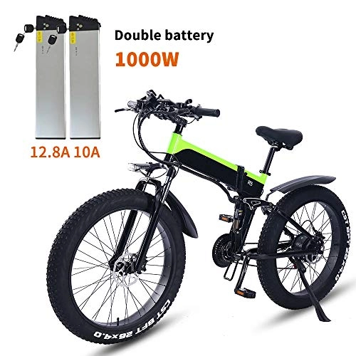 Bicicletas eléctrica : ONLYU Bicicleta Elctrica, 48V1000W Aleacin De Aluminio De La Montaa De Bicicleta Elctrica De Doble Batera De Litio 48V12.4AH / 10AH Bicicleta Plegable 4.0 Fat Tire Bike E Hombres, Verde