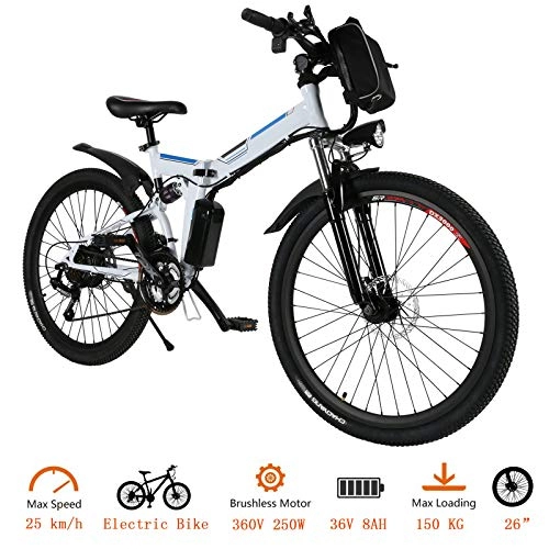 Bicicletas eléctrica : Oppikle 26" Bicicleta eléctrica de montaña, 250W, Batería 36V E-Bike Sistema de Transmisión de 21 Velocidades con Linterna con Batería de Litio Desmontable con Tres Modos de Trabajo (Blanco)