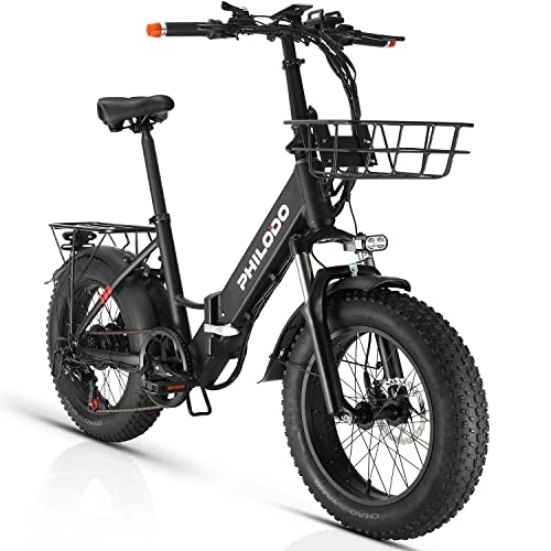 Bicicletas eléctrica : PHILODO Bicicletas eléctricas, E-Bike Bicicleta Plegable 250W Motor Trasero 20 * 4.0"Fat Tire City Bikes 48V 13Ah Batería de Litio Frenos de Disco hidráulicos con Cesta Delantera para Bicicleta