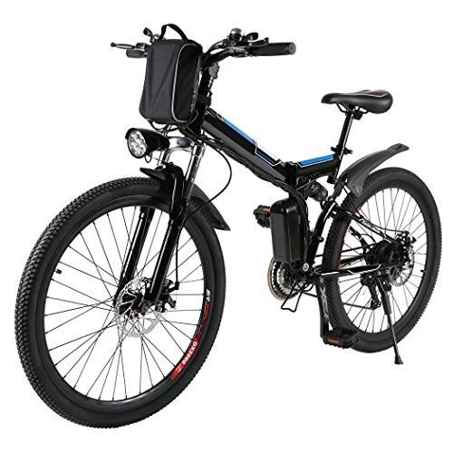 Bicicletas eléctrica : Profun Bicicleta Eléctrica Plegable con Rueda de 26 Pulgadas, Batería de Iones de Litio de Gran Capacidad (36 V 250 W), Suspensión Completa Calidad y Engranaje Shimano (Negro+Azul)