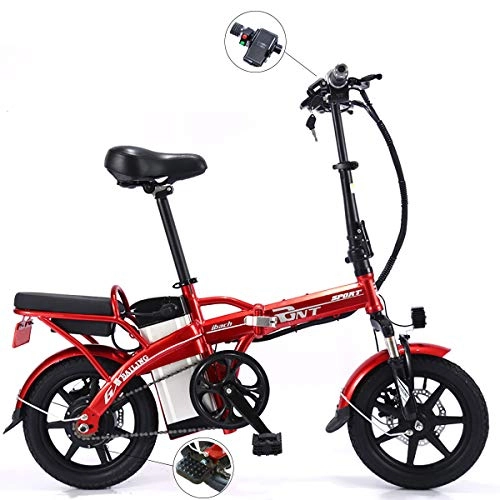 Bicicletas eléctrica : PXQ Adulto 14 Pulgadas Plegable Bicicleta eléctrica 250W 48V Velocidad máxima 25km / h Bicicleta de cercanías E-Bike con Frenos de Disco Doble y Amortiguador Delantero Tenedor, Red, 12A