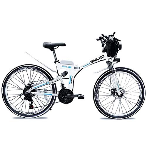 Bicicletas eléctrica : QDWRF Bicicleta elctrica de montaña 26", 350W, Batera 36V 15Ah Sistema de Transmisin de 21 Velocidades con LED Faro con Batera de Litio Desmontable White 36V10AH350W