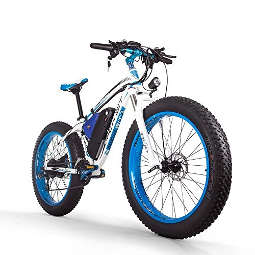 Bicicletas eléctrica : RICH BIT 012 Bicicleta eléctrica de montaña, Bicicleta eléctrica de con batería de Litio extraíble de 48 V 17 Ah, Pantalla LCD, Shimano de 21 velocidades (Azul Blanco)