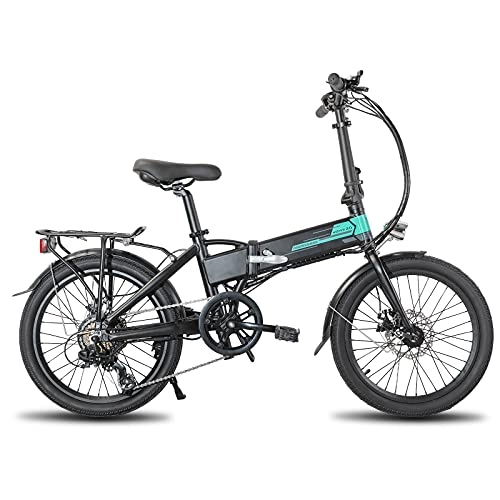 Bicicletas eléctrica : Rockshark - Bicicleta eléctrica plegable de aluminio de 20 pulgadas, freno de disco Shimano de 7 velocidades, ligera y plegable de aluminio con iluminación, color negro y blanco