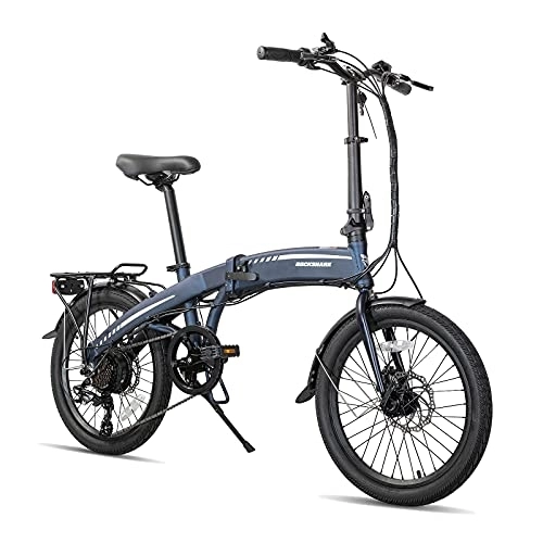 Bicicletas eléctrica : ROCKSHARK Bicicleta eléctrica plegable de aluminio de 20 pulgadas, freno de disco Shimano de 7 velocidades, rueda plegable ligera de aluminio, negro / azul