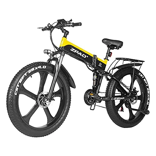 Bicicletas eléctrica : SAWOO 48V 1000W Bicicleta de montaña eléctrica 26 Pulgadas Neumático Grueso Bicicleta eléctrica Beach Cruiser Bicicleta de montaña Deportiva para Hombres LG 12.8ah Batería de Litio (Amarillo)