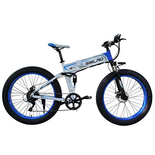 Bicicletas eléctrica : SAWOO Bicicleta Eléctrica 1000w Mountain Fat Tire 26"4.0 Pulgadas Batería Plegable 14.5ah E Bike Ciclomotor Snow MTB para Adultos 7 Velocidades (Azul)