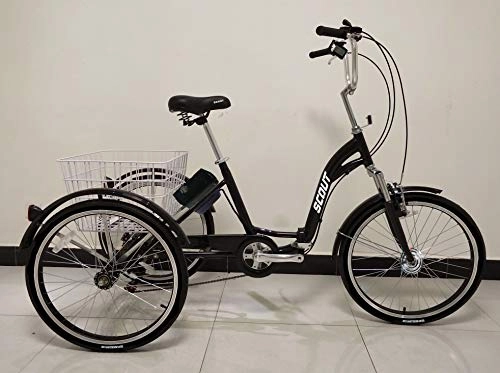 Bicicletas eléctrica : SCOUT Triciclo eléctrico de Calidad, Marco de aleación Plegable, 250W, 12.8Ah, 15.5MPH Limitado, Asistencia al Pedal de 5 Niveles (Negro)