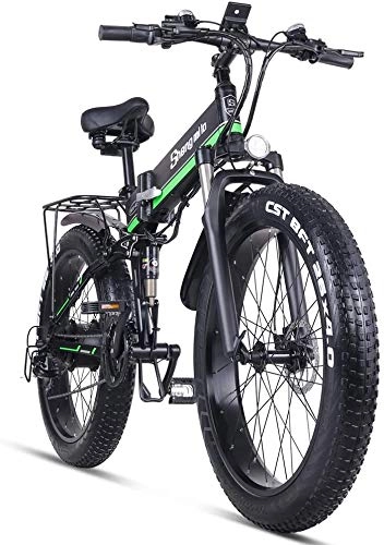 Bicicletas eléctrica : Sheng Milo Beach Bicicleta eléctrica 26 Pulgadas 1000W Crucero Todoterreno Carreras de montaña 21 velocidades 4.0 neumático Gordo Moto de Nieve Doble Amortiguador (Verde)