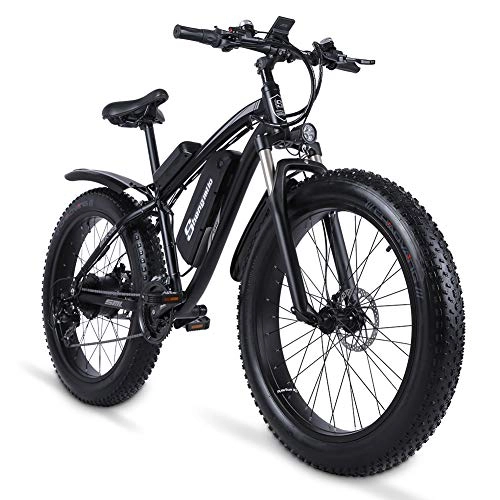 Bicicletas eléctrica : Shengmaile-mx02s 26 Pulgadas 48V 1000W Bicicleta eléctrica neumático Gordo batería de Litio Freno de Disco hidráulico (Negro, Agrega una batería Extra)