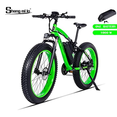 Bicicletas eléctrica : Shengmilo 1000W Motor Elctricas, 26 Pulgadas Mountain E-Bike, Bicicleta Plegable Elctrica, Neumtico Gordo de 4 Pulgadas, Solo Una Batera Incluida (Verde)