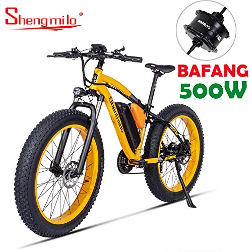 Bicicletas eléctrica : Shengmilo Bafang Motor 26 Pulgadas Eléctrica Mountain E-Bike, Bicicleta Plegable, neumático Gordo de 4 Pulgadas (Amarillo)