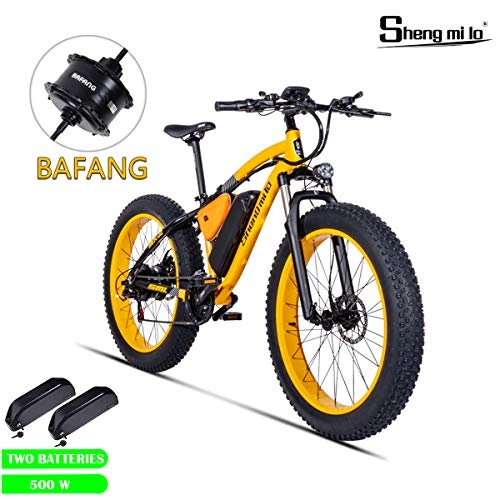 Bicicletas eléctrica : Shengmilo Bafang Motor Bicicleta Elctrica, 26 Pulgada E- Bicicleta, 4 Pulgada Neumtico Gordo, Shimano 21 Speed, XOD Brake Dos Bateras Incluidas (Amarillo)