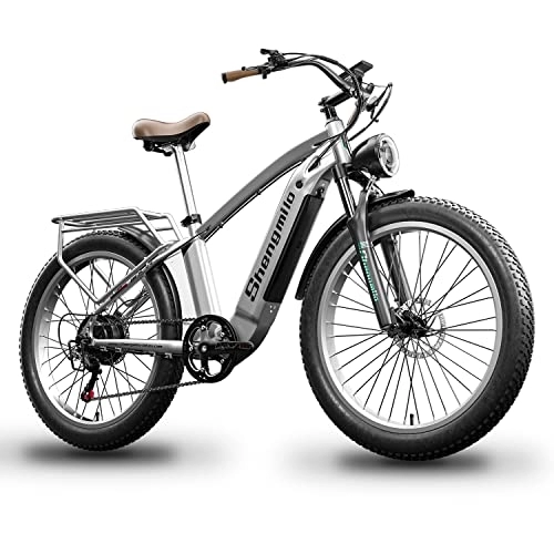 Bicicletas eléctrica : Shengmilo Bicicleta de montaña eléctrica de 26'' para Adultos, Bicicleta eléctrica con neumáticos Gruesos con batería 720WH extraíble de 48 V y 15 Ah, Faro superbrillante, Retro MX04