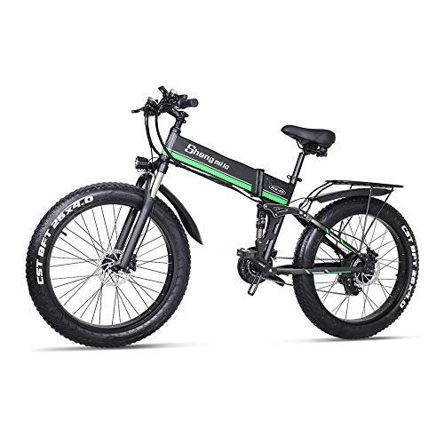 Bicicletas eléctrica : Shengmilo Bicicleta Eléctrica E-MTB Fat Bike 26" Full Suspension, Shimano 21 velocidades, Plegable, batería Litio 48V 12.8Ah (1000w), Pantalla LCD, Freno de Doble Disco