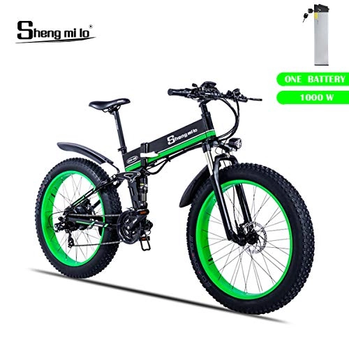 Bicicletas eléctrica : Shengmilo Bicicleta eléctrica Plegable, 26 Pulgadas Mountain Snow E- Bike, Shimano 21 Speed, XOD Brake, PC 1 Batería de Litio de 48V / 13Ah incluida (MX01) (Verde)