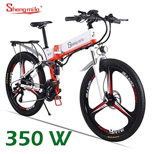 Bicicletas eléctrica : Shengmilo Bicicleta Plegable Eléctrica, Shimano 21 Speed, XOD Brake 26 Pulgadas, Rueda Integrada Mountain Road E-Bike, Batería De Litio De 48v / 350w Incluida (Blanco)