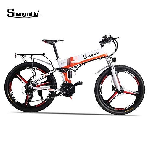 Bicicletas eléctrica : Shengmilo-M80 Bicicleta De Montaña Eléctrica, Bicicleta Eléctrica Plegable De 26 Pulgadas, Suspensión Completa De 48v 13ah Y Velocidad Shimano 21, con Estante Trasero (Blanca Rueda de radios 350W)