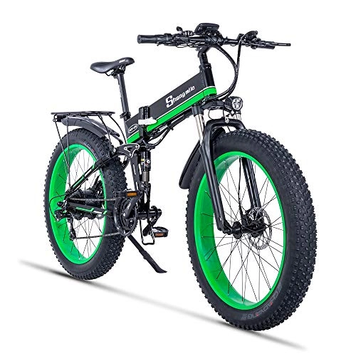 Bicicletas eléctrica : Shengmilo-MX01 Bicicleta eléctrica Plegable 1000w suspensión Completa Bicicleta de montaña eléctrica Grasa ebike 26 * 4.0 neumático (Verde)