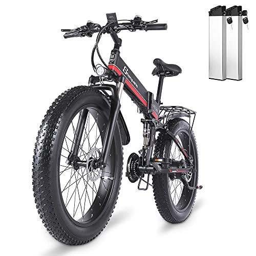 Bicicletas eléctrica : Shengmilo -MX01 Bicicleta eléctrica plegable 26 pulgadas Bicicleta eléctrica Fat Tire 48V 1000W Motor Bicicleta de montaña con frenos de disco hidráulicos Shimano de 21 velocidades (dos baterías)
