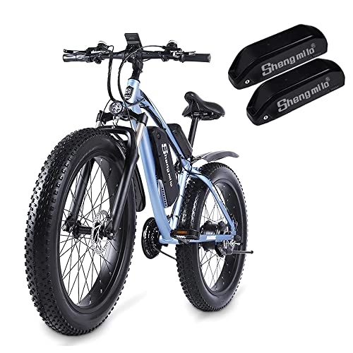 Bicicletas eléctrica : Shengmilo-MX02S Bicicleta eléctrica de neumático grueso de 26 pulgadas 48V 1000W Motor Shimano Freno de disco hidráulico de bicicleta de montaña eléctrica de 21 velocidades (dos baterías)