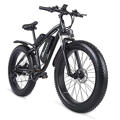 Bicicletas eléctrica : Shengmilo-MX02S Bicicleta eléctrica de neumático Grueso de 26 Pulgadas, Bicicleta eléctrica de montaña Nevada con transmisión Shimano de 21 velocidades, Asistencia de Pedal, Freno de Disco hidráulico