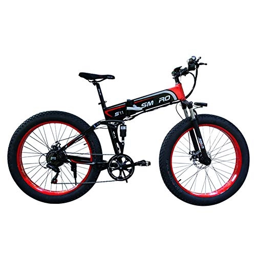 Bicicletas eléctrica : SHJC Bicicleta Eléctrica Plegables, 7 Velocidades 26 Pulgadas Fat Tire Road Bicycle Beach / Snow Bike 350W 48V 8Ah Batería Doble Freno Disco Asiento Ajustable, con PedalesBicicleta de Montaña, Black Red