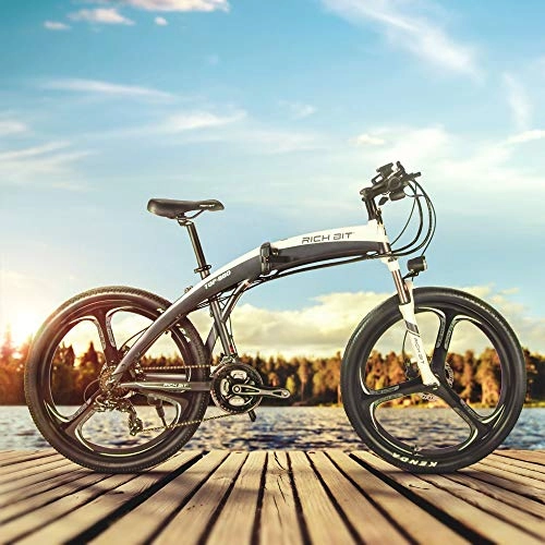 Bicicletas eléctrica : SJC Nueva batería de Litio Plegable eléctrica de la Bicicleta de montaña 36V9.6Ah, Frenos de Disco hidráulicos, con una Pantalla LCD Elegante (White-Gray)