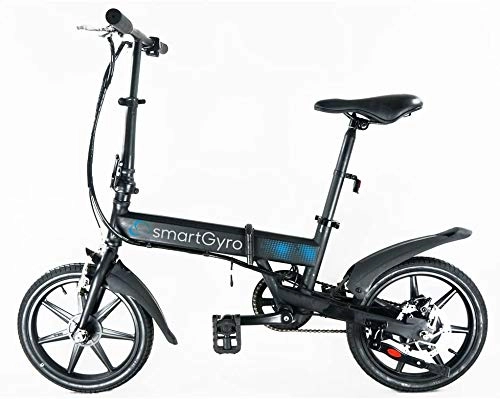 Bicicletas eléctrica : SmartGyro Ebike Black - Bicicleta Eléctrica, Ruedas de 16", Asistente al Pedaleo, Plegable, Batería extraíble de litio de 4400 mAh, Freno V-Brake y Disco, Autonomía 30-50 Km, color Negro