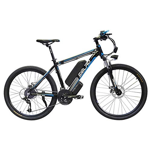 Bicicletas eléctrica : SMLRO Bicicleta de Montaña Eléctrica, Bicicleta Eléctrica 1000W 26 '' con Batería Extraíble de Iones de Litio de 48V 15 AH Shimano 27 Speed ​​Gear (Negro- Azul)