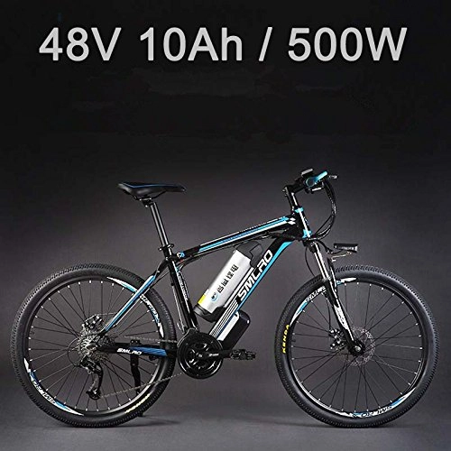 Bicicletas eléctrica : SMLRO La Bicicleta elctrica de la batera de Litio de 26" 48V 500W, la Bicicleta elctrica de 27 velocidades, MTB / la Bici de montaña, adopta los Frenos de Disco del Aceite (10Ah Azul Negro)